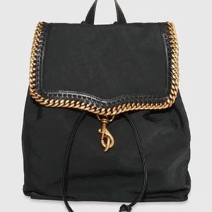 REBECCA MINKOFF Black Nylon Drawstring Backpack with Gold Chain Detail